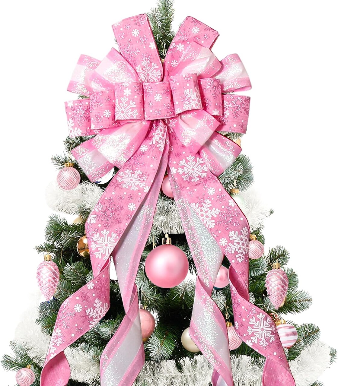 Christmas Tree Topper Christmas Wreath Bow, 52 * 13 inches Large Tree Toppers Bow with Snowflake Patterned for Xmas Tree Décor Christmas Home Indoor Outdoor Decoration Pink